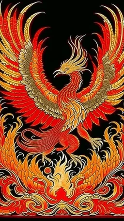 A light red fire elemental phoenix designed in medieval tapestry painted by Katsushika Hokusai
