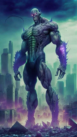 super villain evil alien, full body, muscular, bio-tech, destroyed city in the background