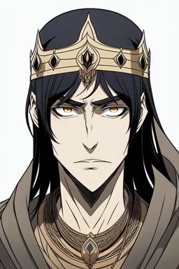 "Draw an Arabian king with sharp features, black hair, and large eyes. His features are scary and cold, and his hair reaches his shoulders." In anime style and he is sexy