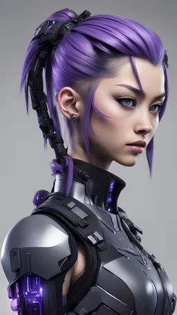 Young early twenties tan Scandinavian cyberpunk female with sharp features and extremely long, Junko Enoshima styled pigtails that start out as black at the scalp and transition into dark purple at the tips, with black, grey, white, and purple coloration futuristic body armor in a realistic style full body view