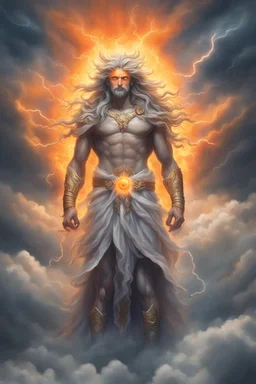 picture of a "god of the weather" who has long hair made of clouds. he also has glowing orange eyes that look like they're 2 suns. his body is made out of storm clouds with bits of lightning inside, his body also has glowing orange cracks all over it that look like they're made of the sun. he has greek god clothes on that are completely made of ice. his clothes also have an icy look to them as they shine in the sun