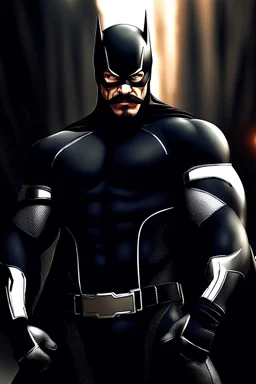 an extremely muscular superhero man wearing a black, skintight, formfitting cowl, a black, skintight, formfitting, Kevlar bodysuit, Silver Wrist Gauntlets, Silver Belt, Silver knee-high boots, black gloves, silver "M" logo on the chest, a mustache and goatee, black gloves, 32k UHD, Hyper Realistic, Photorealistic, realistic, life-like, real life, extremely detailed, extremely sharp, extremely vibrant, extremely colorful, Full color, professional quality, in the art style of Boris Vallejo