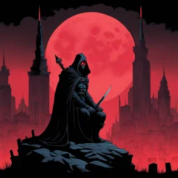 [mexican comics Head Lopper style by Andrew MacLean] A cloaked assassin sits in the shadows, poised atop a gothic cityscape bathed in the eerie crimson glow of a blood moon. His glowing red eyes pierce through the darkness as his dagger gleams with lethal intent, while the silhouette of spired towers looms ominously in the mist. A haunting and foreboding scene of stealth and vengeance.people.