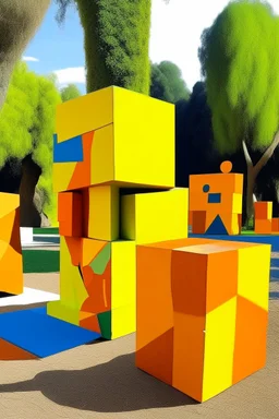 A yellowish orange colored blocky park with magnets painted by Pablo Picasso
