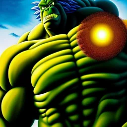 Ultra detailed fullbody Portrait in oil on canvas of Broly merge with king kong,extremely detailed digital painting, extremely detailed face,crystal clear Big glowing eyes, mystical colors ,perfectly centered image, perfect composition, rim light, beautiful lighting,masterpiece,8k, stunning scene, raytracing, anatomically correct, in the style of robert e howard and Wizyakuza and Ohrai Noriyoshi and Simon Bisley and uncannyknack