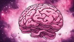 Comic style, bare transparent pink human brain flying trough the universe, background galaxy's