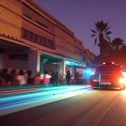 A police Tesla Cybertruck is chasing a Tesla 'Model S Plaid' at top speed, across 'Jemaa el-Fnaa', in Marrakesh. CINEMATIC. WIDE ANGLE LENS.