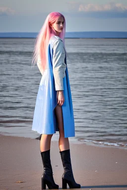 half body shot,realistic portrait of a 20-25 old caucasian model, long blue pink flowing hair, great grey eyes, blue leather jacket,full body, short white skirt,long legs,standing at beach of very nive lake with sunset ,clouds,godrayes