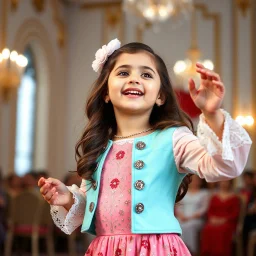 a 3 years old girl in modern clothing and makeup dancing with cute and joy and singging in azeri "in a modern royal hall