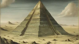 A bronze pyramid in a dry desert painted by Albrecht Durer