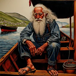 Detailed hyperrealistic drawing on matte antique vellum paper of a tall and thin elderly fisherman in the sixties with long curly white hair and a short white beard leaning on a wooden Malconsia boat in a fishing harbor in the Faroe Islands smoking a pipe. She wears blue denim overalls, open sandals, and a red and black plaid shirt, fishing net at her feet, sunset time, rainy day, dramatic atmosphere, attractive light colors, oil colors, water colors, saturated pastel