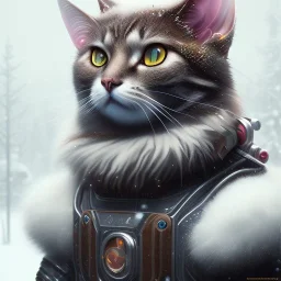 Cyberpunk Portrait of cyborg cat child with brown hair and with cute face, north pole snowy vibe , perfect composition, hyperrealistic, super detailed, 8k, high quality, trending art, trending on artstation, sharp focus, studio photo, intricate details, highly detailed, by greg rutkowski