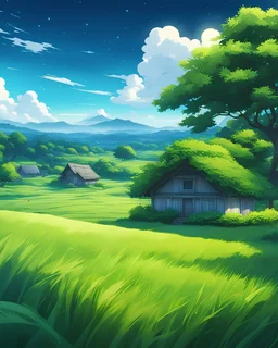 a field full of green grass with a house in the distance, anime beautiful peace scene, anime countryside landscape, anime landscape, anime scenery, anime nature, anime nature wallpap, anime landscape wallpaper, nightime village background, 2. 5 d cgi anime fantasy artwork, colorful anime movie background, beautiful fantasy anime, smooth anime cg art, beautiful anime scenery