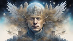 karma, Galactic space portrait of a man with buildings inside his head, blond, castle, branches, wings, inspired by architecture, crazy details and double exposure in fantasy art, glitter, fine art, realistic painting of a complex hyper-detailed main society, fine rendering, clear drawing