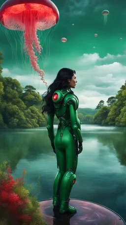 Photorealistic Photo Of A long black-haired woman in a green robot suit, Looking Out Over A Lake With jellyfish with red Tentacles, Tall Narrow Cloud Trees In The distance with an alien sky