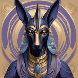 Anubis with black dull-purple gold and dull-blue palette in vorticism art style