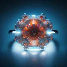 Ring made by diamonds shreds of glass, orange diamonds sparkles, red rubi fragments, surrealism, around, blue lights reflexes, complex structure, gold details, intricate ring shine,Unreal Engine 5, macro lens,sharp focus, photorealistic, hyper detailed, studio lighting, neon light ambient, cinematic lighting trending of by artstation