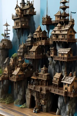 small vertical wooden pirate city with pirate ships built onto side of a cliff