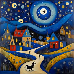 Folk art painting, Nightmare before Christmas under an indigo starry sky, village, Max Ernst, neutral natural colors, mixed media