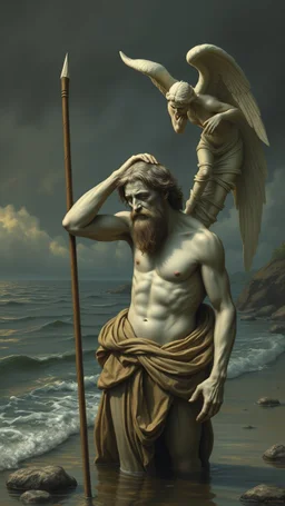 Charon on the shore wearing crying angel holding his head