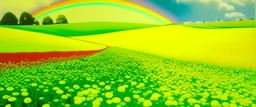 A light pale yellow field with clovers and a rainbow painted by Karl Wiener