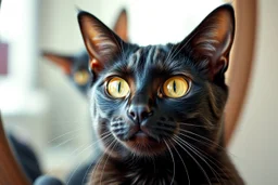 portrait of shiny yoga cat crow formel1 racer semi transparent hypnotic kind eyes in front of mirror