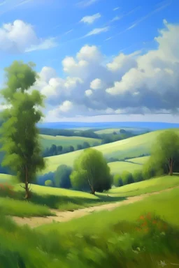 classic oil painting of landscape in french countryside, with trees and green hills in the background, with a blue sky and white clouds, thick brush strokes