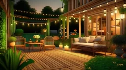 Summer evening on the patio of beautiful suburban house with wicker furniture, lights and lanterns in the garden garden, digital ai