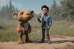 Boy character with creative trophy with his hand like winner
