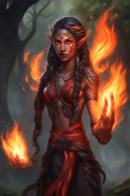 Fire Eladrin druid female. Hair is long and bright black part glows. Part of hair is braided and fire comes out from it. Big bright red eyes. Is generating fire with her hands . Skin color is dark. Has a big deep scar on face. Is making fire from hands