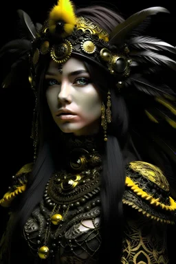 Beautiful young faced girl voidcore metallic filigree steampunk shamanism black khimera portrait textured feathers ribbed with voidcore style mineral stone ribbed headdress, black pearls i, white crystals n the long black hair, textured fur pattern embossed art nouveau black and yellow khimera costume extremelmly detailed intricate 8 k organic bio spinal ribbed detail of floral embossed voidcore decadent khimera like background resolution epic cinematic maximálist concept art