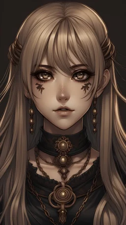 Realistic anime art style. A tall hazel eyed goth-dressed royal woman. Her long blonde hair is hanging in choppy layers. Dark kohl lines her eyes and a golden head chain, sits atop the thickness of her hair. Her eyes are marked with matte bronze eyeshadow and her eyelashes enhanced with black mascara.