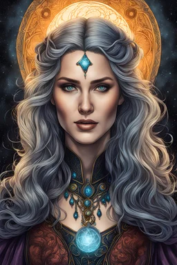 colored lithographic etching of an epic fantasy medieval female sorceress , with highly detailed facial features ,in the style Ann Chernow, with a fine art aesthetic, highly detailed , realistic , 4k UHD cinegraphic quality