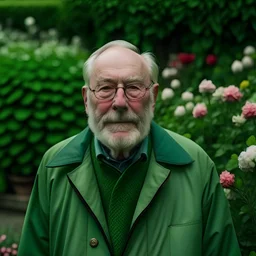 Un retrato de un anciano con un sobretodo verde y lentes de marco grueso en un jardín de rosas