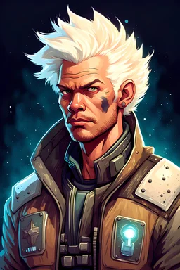 High Quality Science Fiction Character Portrait of an bounty hunter with bleached Hair in a Bomber Jacket. Illustrated in the Style of Disney