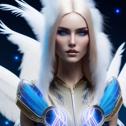 A beautiful portrait of a cute cyberpunk woman with long blond hair, high key lighting, volumetric light high details with white stripes and feathers and blue luminous celtic paterns and wings, starry background