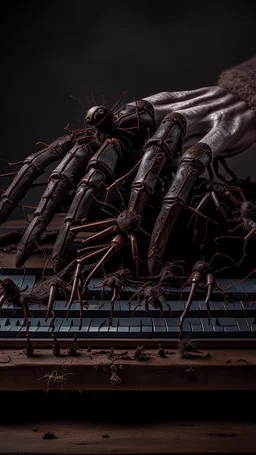 Ugly , Evil rusted hands on an old piano keyboard with spiders on the keyboard