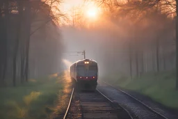 a passenger train emergency braking; polish train; woodlands, sunrise;