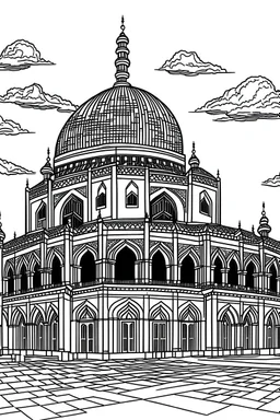 Coloring page, attractive picture, Al-Aqsa Mosque, clear thick line, blank pictures of colors, white background, black and white