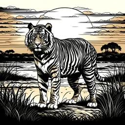 "Tigre maestosa nella savana al tramonto, corpo intero, splendida illuminazione naturale, dettaglio della criniera, capolavoro, illustrazione vettoriale in bianco e nero"