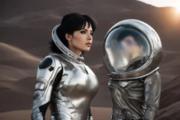 Photo of a Sci-fi woman, with black hair, wearing a silver and black spacesuit looking like an android, on an alien planet