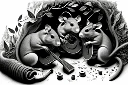 three rats are playing instruments, wholesome anatomy, healthy, well shaped, fantasy forest, hyper realistic, realistic shadows, extremely accurate, delicate, Graphic novel style, wide-angle, black and white
