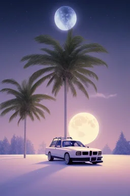 1980's aesthetic vaporwave palm trees with lighting with moon with bmw in the winter snow