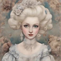 Postcard of Marie-Antoinette in the style of Margaret Keane, with doodles