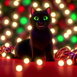 black Cat tangled up in christmas tree lights holiday