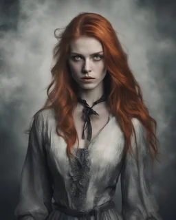 style women eye candy ginger hair vampire Raven. sullen, unhappy expression, sour. Hate. Distrust. Seeping shadows like smoke come out gray a. Full body. Arms down at her sides women adult. Nineteen. psychology erect subject is a beautiful long, long ginger hair female in a style women eye candy