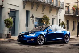 A Tesla 'Model S' is parked, on the streets of New Orleans. (CINEMATIC, WIDE ANGLE LENS, PHOTO REAL)