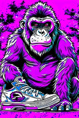 a profile picture of a small gorilla sitting in a purple Converse sneaker, like it's a car, comic style