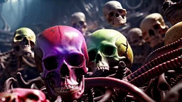 a picture of a dark, comedic, anatomically correct wall of colorful tightly packed stacked cyborg skulls of varying sizes and expressions, photo realistic, insanely meticulous, highly detailed, part of a collection of bones on display, 64k, dystopian, vray