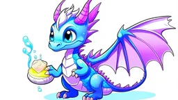 cartoon illustration: a cute ice dragon with big shiny eyes and two purple crystal wings. The dragon is flying.. the dragon is eating a cake